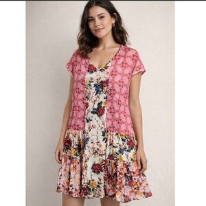 Sundance Mixed Print Boho Dress – Pink Floral Patchwork Tiered Mini Cotton Small